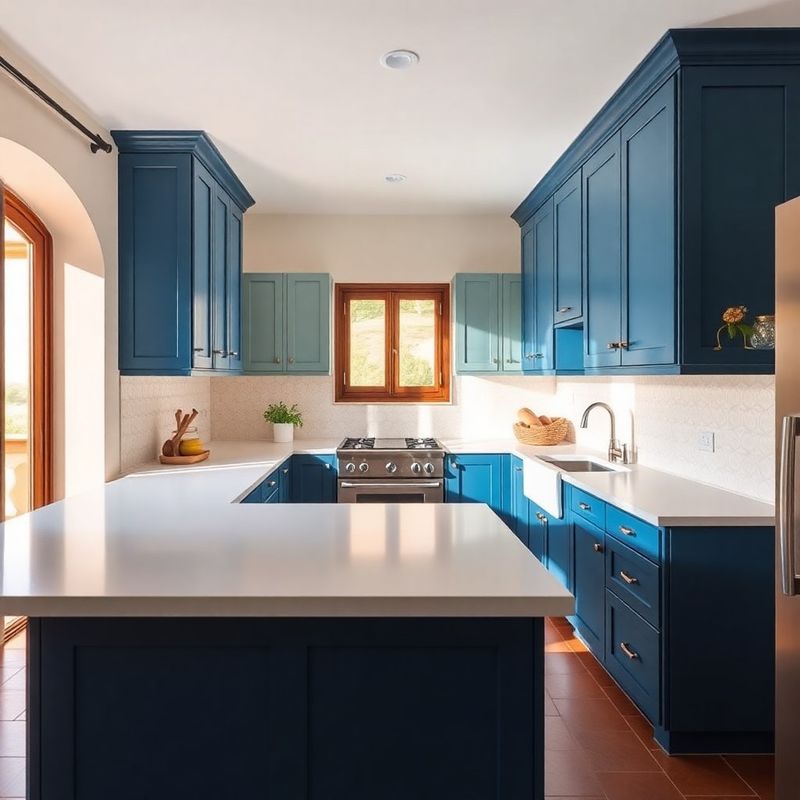 Cocina en L a medida en Getxo con isla central y muebles azul profundo