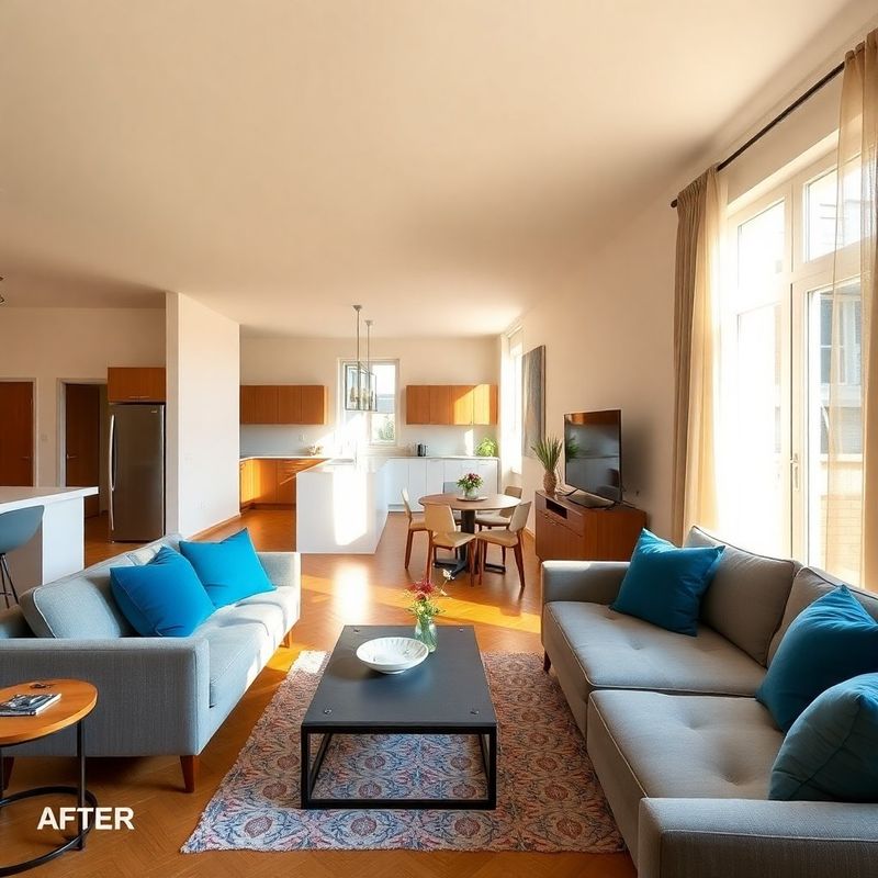 Salón reformado en piso de Indautxu con suelo de roble y cocina abierta