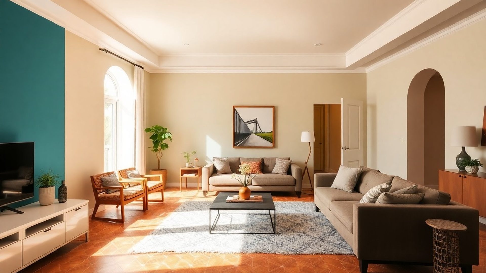 Salón reformado en un piso de Bilbao con luz natural y acabados azul sereno